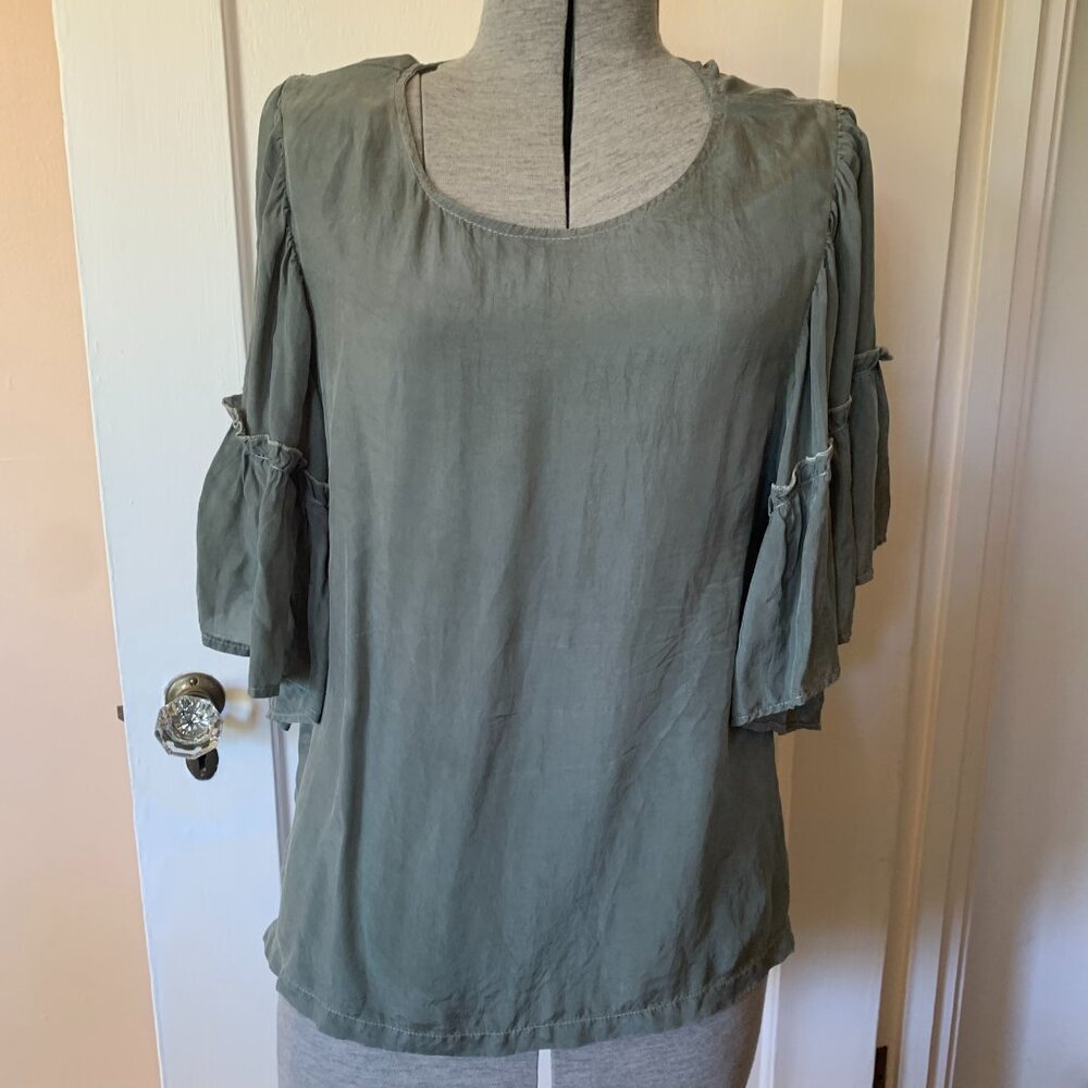 MAVEN WEST Blouse Top M Light Olive Green Flowy Ruffle Bell Sleeves Cupro Boho